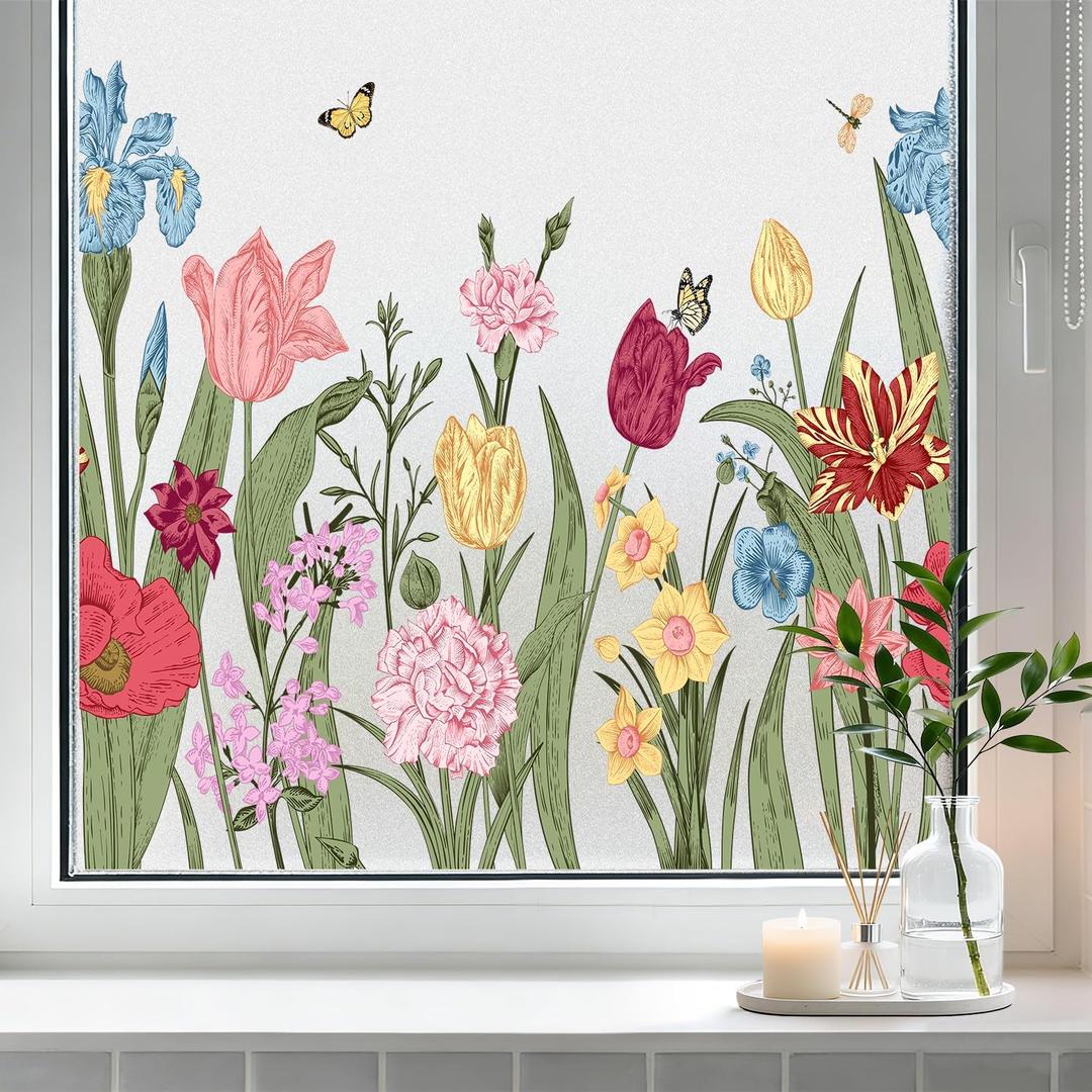 Window Privacy Film, Colorful Floral Window Stickers, Wildflowers Static Clings Decals, Removable DIY Bouquet Windows Cover Tint for Home School Office Party (Colorful and Butterfly)