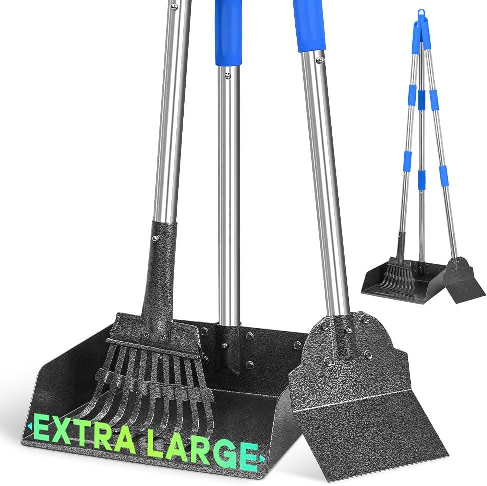 Larger Pooper Scooper Dog Pooper Scooper for Large Medium Small Dogs Heavy Duty Stainless Steel with Long Handle Tray Rake Shovel for Yard (1. Blue)