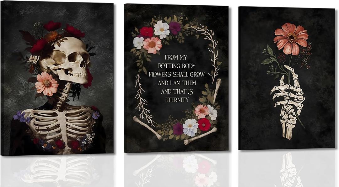 3pc Framed Gothic Floral Skull Canvas Wall Art Romantic Bone and Bloom Posters Eternal Bloom Prints Paintings Pictures Dark Bathroom Wall Decor for Bedroom Living Room Halloween Decoration