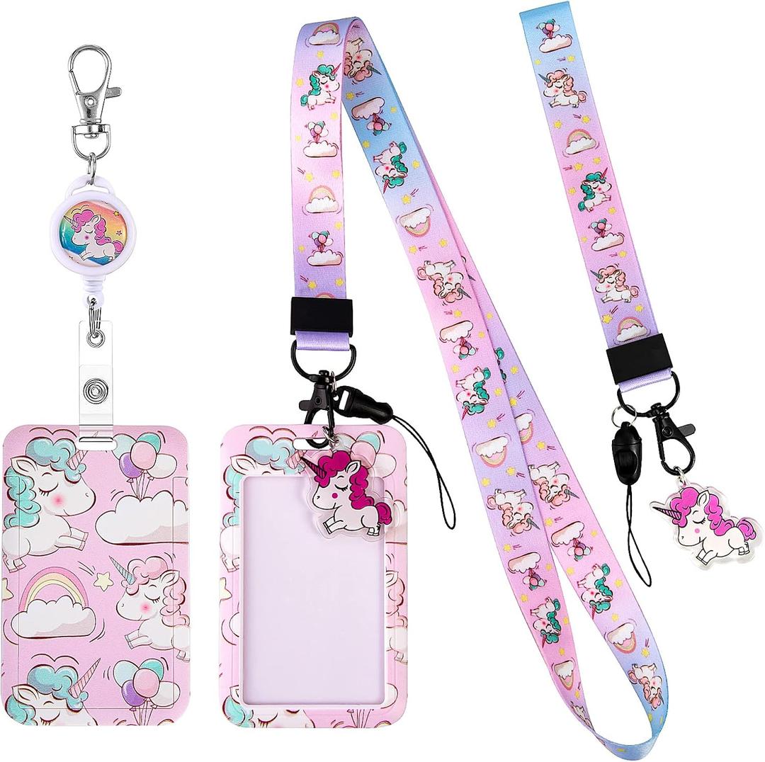 HIFOT Unicorn Kids Lanyard with Id Holder, Detachable Wrist Lanyard for Keys, Retractable Badge Holder with Metal Lobster Clasp Used for Student, Nurse, Teacher ID Holder