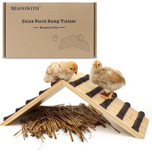 Chicken Perch and Ramp Trainer, 2 in 1 Sturdy Wooden Chicken Roosting Bar, Baby Chick Toys for Brooder, Chicks Coop Accessories,Training Perch for Chick Small Animal, Easy to Assemble (Pure wood color)
