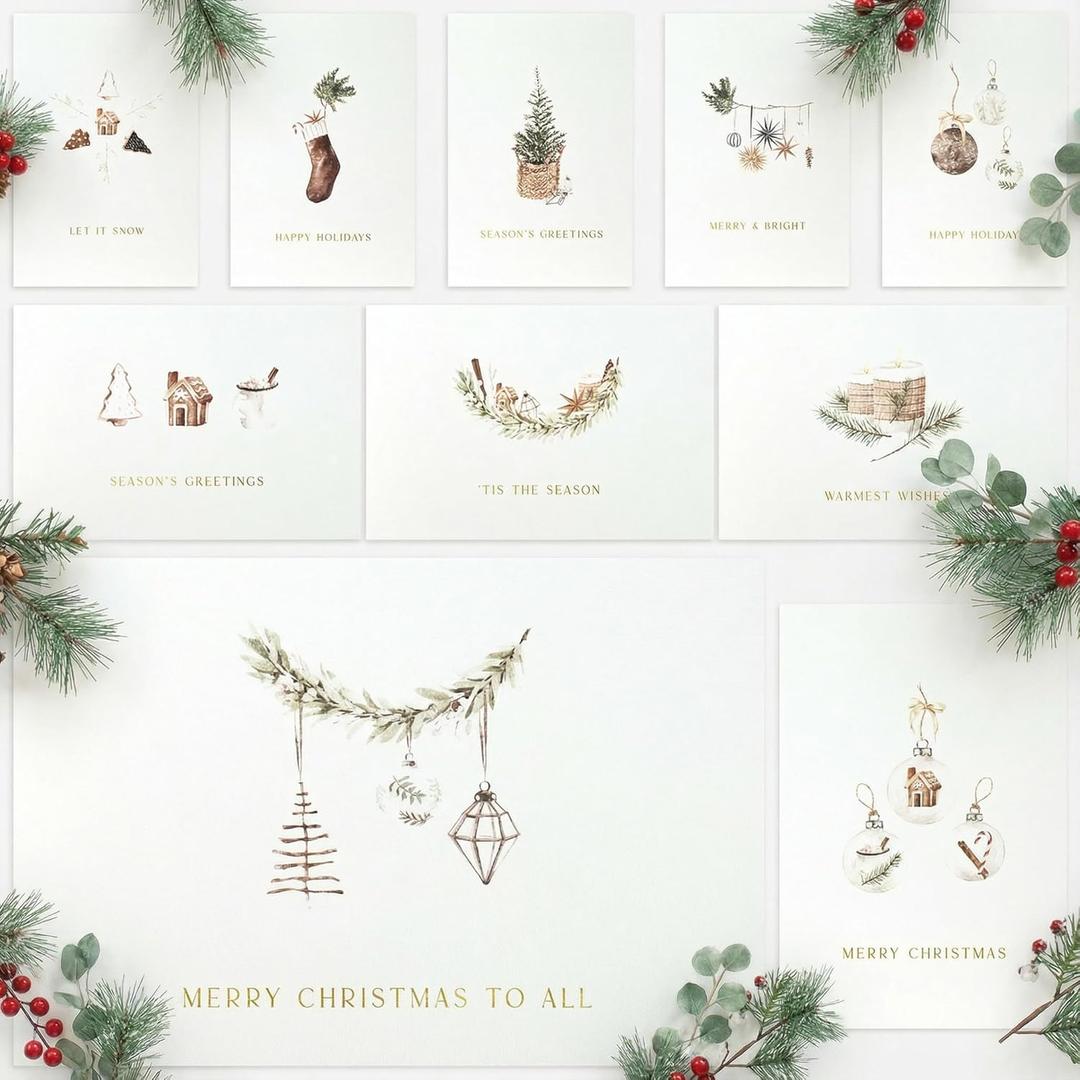 ZICOTO Beautiful Modern Rustic Christmas Cards Set of 20 - Incl. Bulk Envelopes, Matching Stickers And Storage Box - Perfect to Send Warm Holiday Wishes to Friends and Family