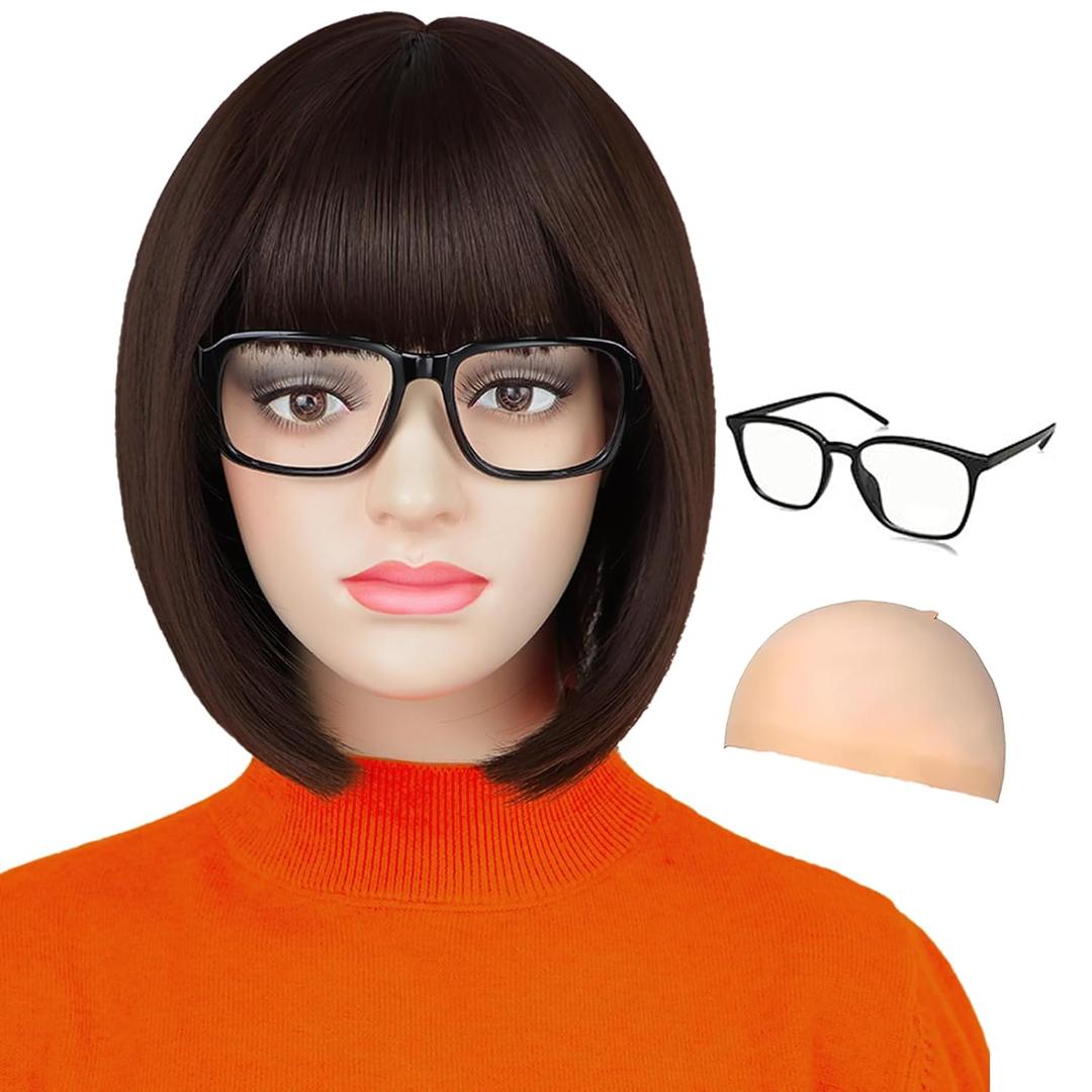 Guree Hair Brown Wig and Glasses for Womens Costume Short Brown Bob Wig with Bangs for Daily Halloween Cosplay Party