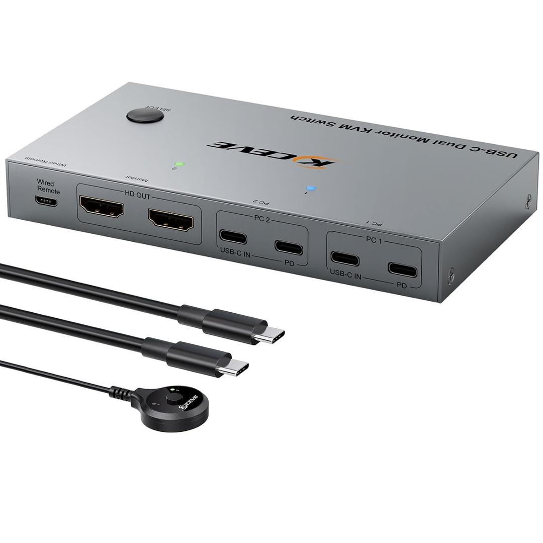 KCEVE KVM Switch 2 Monitors 2 Laptops USB C, KVM Switch Dual Monitor HDMI 4K@60Hz for 2 Laptops Share 4 USB 3.0 Devices with 80W PD, with 2 USB-C Cables and Wired Remote
