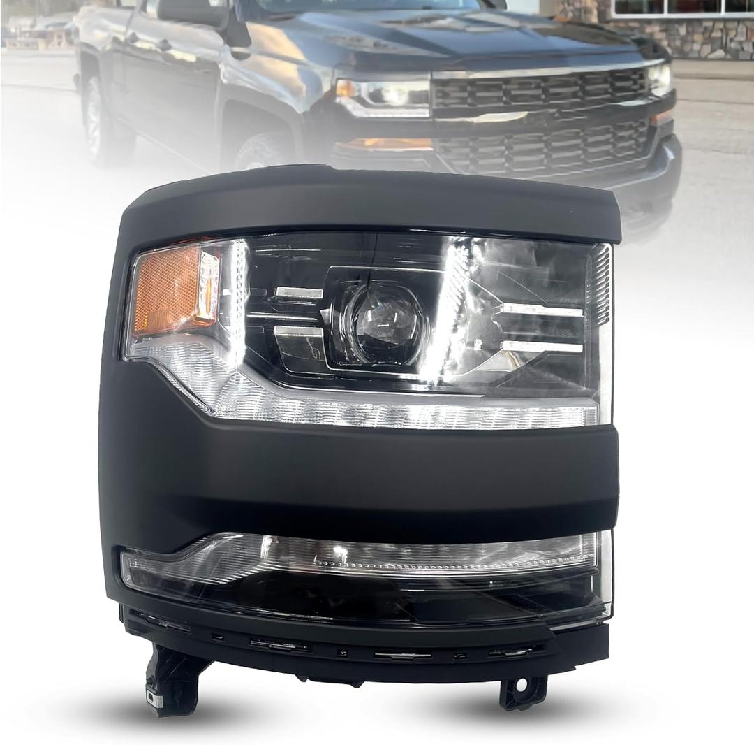 FULL LED DRL Projector Headlight Compatible with 2016-2018 Chevy Silverado1500/2019 Silverado 1500 LD Front Light Headlamp Assembly Black Right Passenger Side #84292721,GM2503452