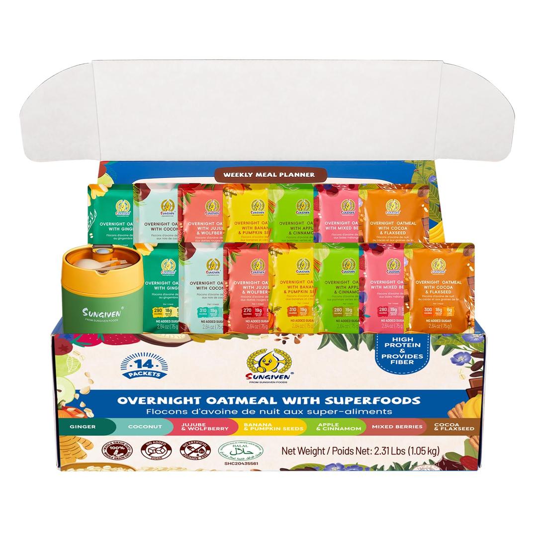 SUNGIVEN High Protein Overnight Oats with Container - 7 Flavors Low Sugar High Fiber Instant Oatmeal Health Breakfast Snacks for Gym Office School Trip Kids with Superfoods, 14-Packs, 37 oz (EXP 06/18/26)