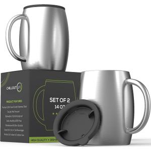 CHILLOUT LIFE Stainless Steel Insulated Coffee Mugs Set of 2 (14oz)  Double Wall Coffee Cups with Spill Resistant Lid & Strong Handle, Shatterproof Cups for Cold Drinks and Hot Beverages