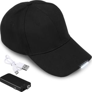 Coume Baseball Cap with Light Rechargeable LED Hat with USB Cable and Battery, Full Cotton Adjustable Headlamp Hat for Fishing Jogging Camping Hand Work(Black)