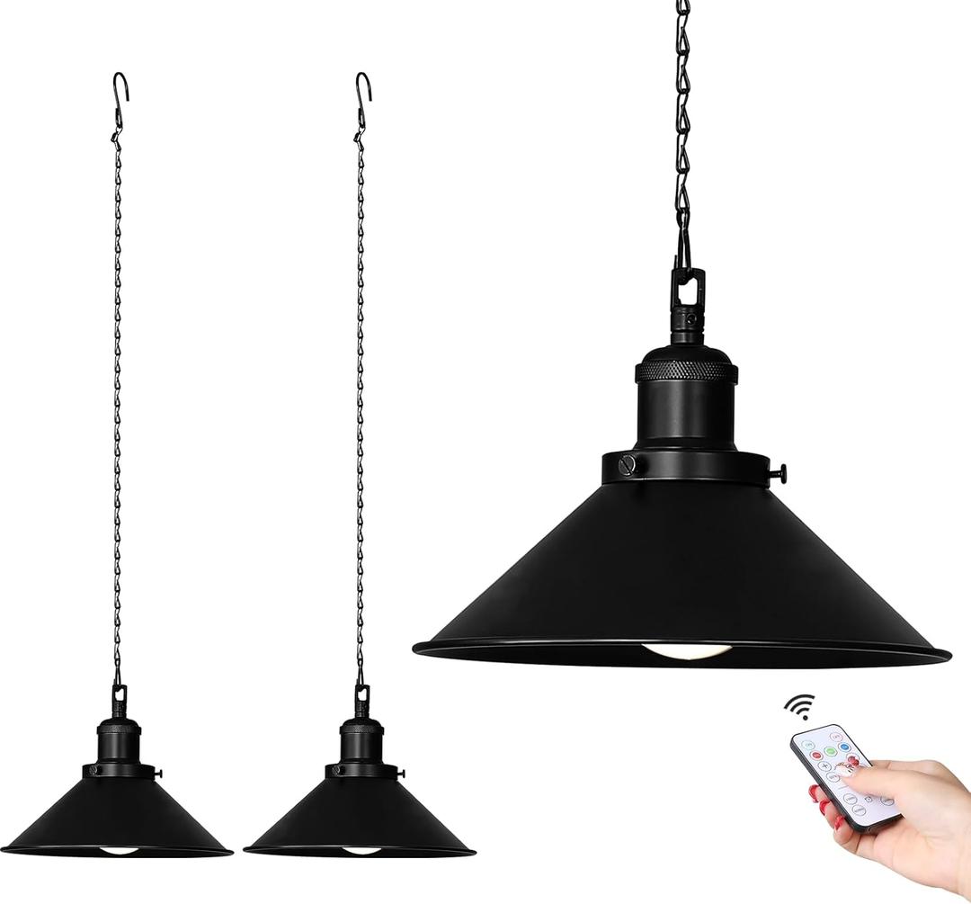 2 Pack Black Portable Battery Operated Hanging Lights, Rechargeable Wireless Outdoor Pendant Light with Remote, Battery Powered Chandelier Lantern Fixture for Indoor Outdoor Gazebo Porch Patio