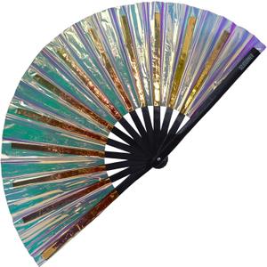 SoJourner Bags Rave Fan - Large Folding Fan - Clack Fan Hand Fan for Raves, Halloween, Burlesque, Rainbow Outfits for Women & Festival Accessories (Holographic Black)