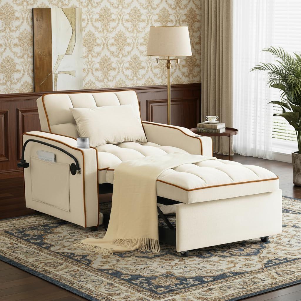 Convertible Sleeper Chair, Chairs Bed Sleepers for Adults, Pull Out Chair Sleeper with Bracket and Cup Holder, 3 in 1 Sofa Bed Chairs for Small Spaces, Living Room, White