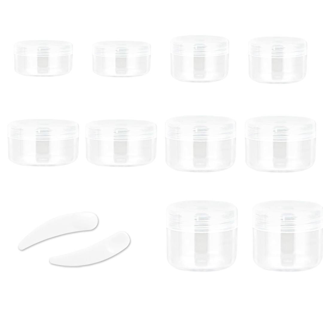 ZEJIA 10pcs Small Travel Containers, Clear Sample Containers with Screw Lids, 5 Size 3/5/10/15/20 Gram Sample Jars with 12pcs Labels and 2pcs Mini Disposable Spatula, Makeup Sample Containers BPA Free
