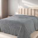 Queen Size Cuddly Fluffy Fleece Blanket, Warm and Soft with Striped Pattern, 90x90 Inches, Ash Grey