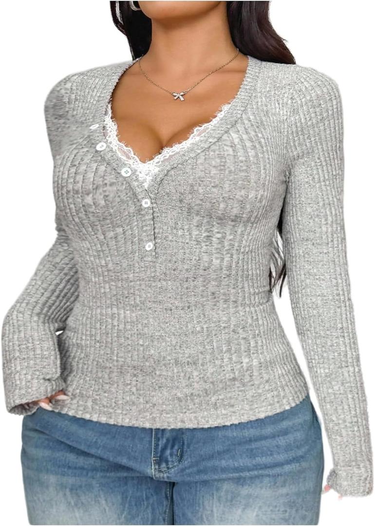 Verdusa Women's Plus Size Lace Basic Tees Long Sleeve Shirts Button Up Trendy Fall Tops (X-Large Plus, Grey)