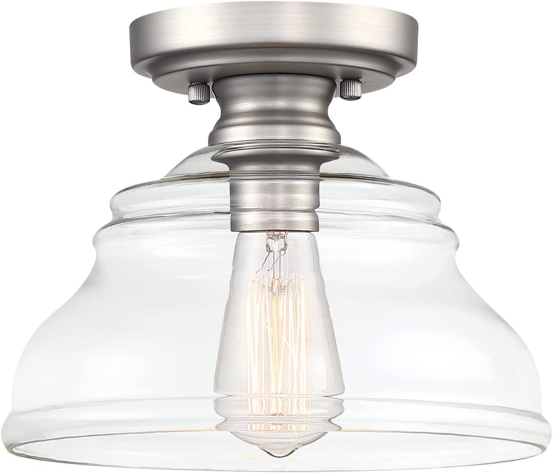 Industrial Semi Flush Mount Ceiling Light, Modern Clear Glass Shade Ceiling Light Fixture Farmhouse Close to Ceiling Lights in Satin Nickel for Hallway Bedroom, Kitchen Entryway Porch