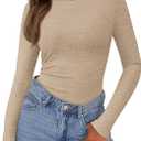 PRETTYGARDEN Womens Long Sleeve Shirts 2026 Ribbed Knit Slim Fitted Basic Tee Casual Going Out Tops Underscrubs Fall Clothing (Beige, M)