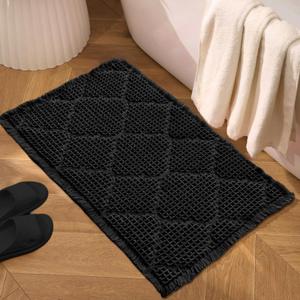 ZALL Black Waffle Bath Mat,Super Absorbent Non Slip Bathroom Rug,18x30inch, Geometric Diamond Machine Washable Ultra Soft Floor Mats (1'6" x 2'6" (Rectangular))