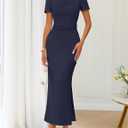 MEROKEETY Women's Summer Short Sleeve Maxi Dress Elegant Ruched Side Slit Formal Wedding Guest Cocktail Prom Dresses (Blue, L)