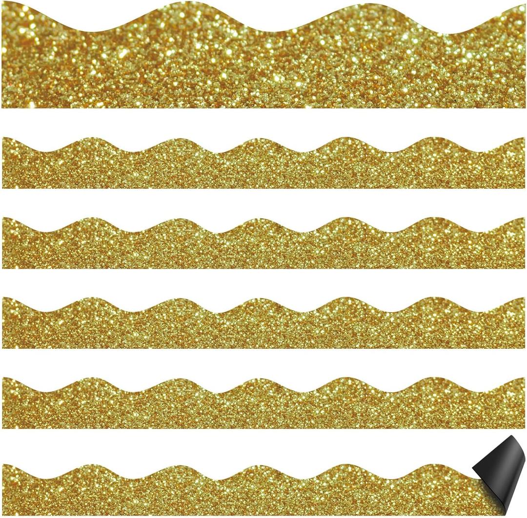 24 Pcs Golden Glitter Magnetic Bulletin Board Borders for Classroom Whiteboard Chalkboard Shine Strips Trim Scalloped School Bulletin Board Decorations