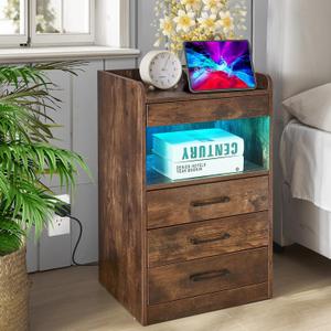 Umeiga Bedroom Nightstand, 4 Storage Drawers Bedside Table with Charing Station 16 LED Light Side Table Small End Table for Living Room Dorm Wood Furniture, Night Stand Rustic Brown