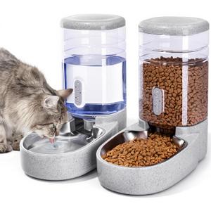 Automatic Cat Feeder and Water Dispenser with Stainless Steel Bowl Gravity Food Feeder and Waterer Set for Small Medium Dog Puppy Kitten 1 Gallon x 2(Grey)