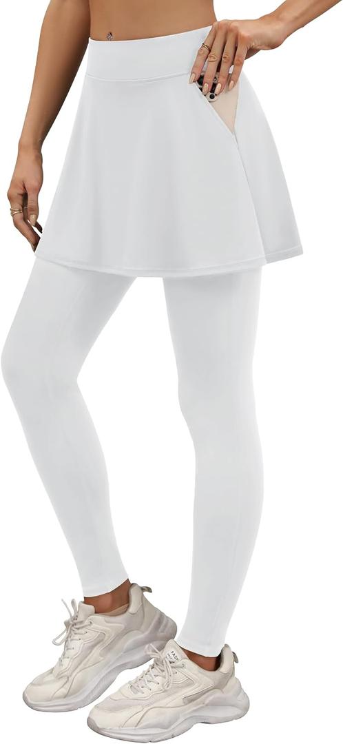 LouKeith Skirted Leggings for Women Athletic Skirt with Leggings Tennis Skirt Yoga Running Golf Skirts with 4 Pockets (White, L)