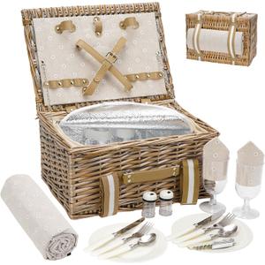 G GOOD GAIN Picnic Basket for 2 - Wicker Picnic Set with Waterproof Blanket| Large Picnic Hamper with Insulated Cooler & Cutlery Kit for Couples Camping,White Flower, 15x11x7.5inch