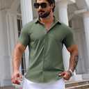 URRU Men's Muscle Dress Shirts Slim Fit Stretch Short Sleeve Casual Button Down Shirts for Men (Green, XL)