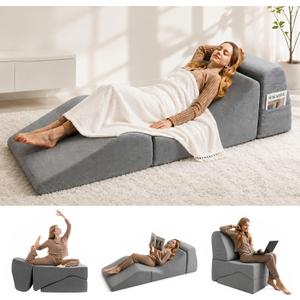 Yoga Chaise Lounge Chair Indoor, 3-in-1 Convertible Boneless Couch Bed | Corduroy Floor Sofa with Memory Foam, Zero Gravity Curved Design, No Assembly Required, for Bedroom, Living Room, Reading S