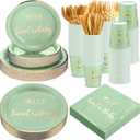 Yungyan 400 Pcs Baby Shower Dinnerware for 50 Guest Baby Shower Paper Plate Napkin Set Gender Reveal Plate Napkins Cup Footprint Disposable Knives Fork Spoon Gender Reveal(Green1,Hello Sweet)