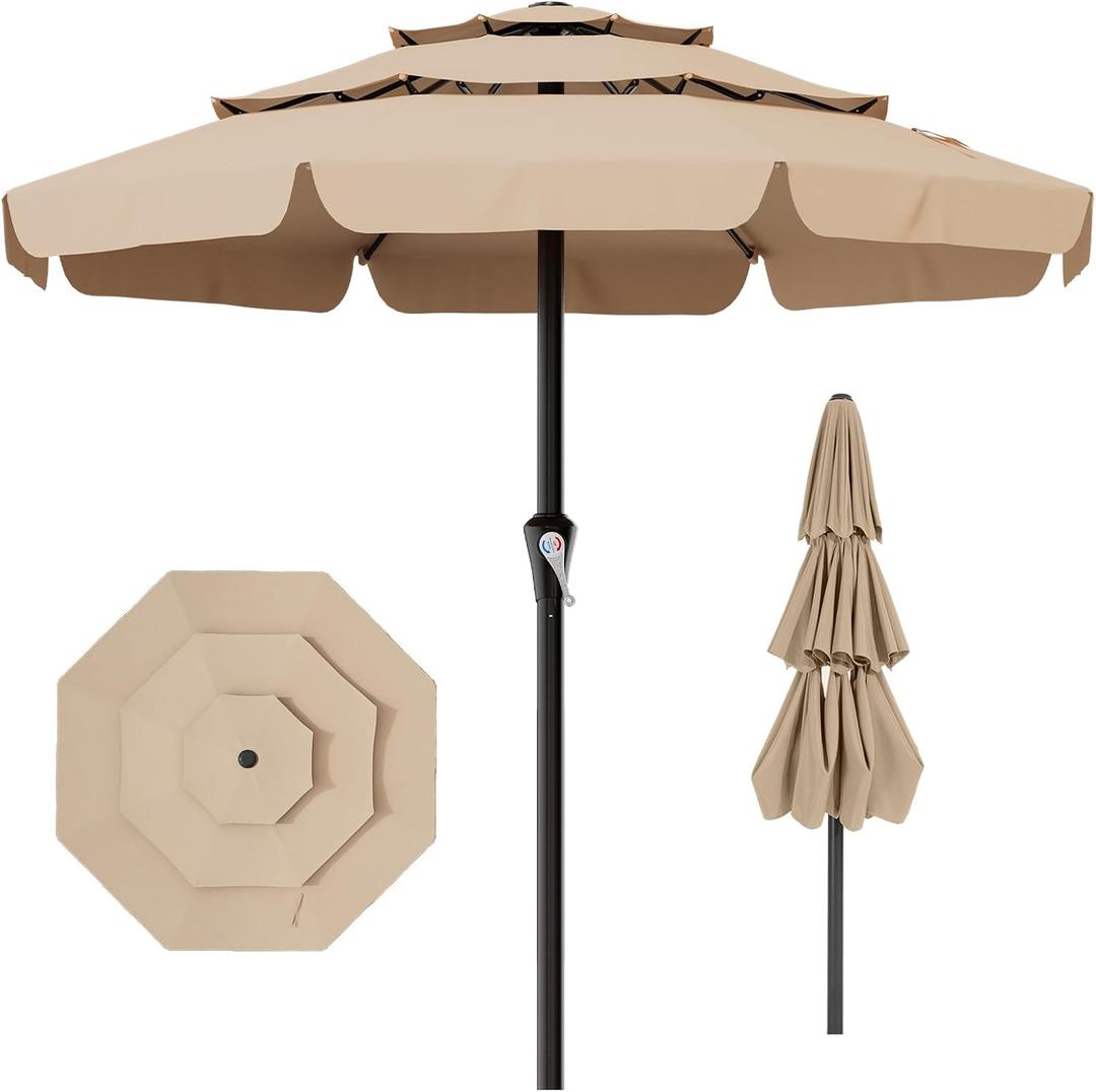 AreShark 11FT 3-Tiers Patio Umbrella with Valance, Outdoor with Crank, Large Outdoor Market Umbrellas Vented with 8 Sturdy Ribs, Patio Table Umbrellas for Garden, Deck, Backyard, Pool, Beige