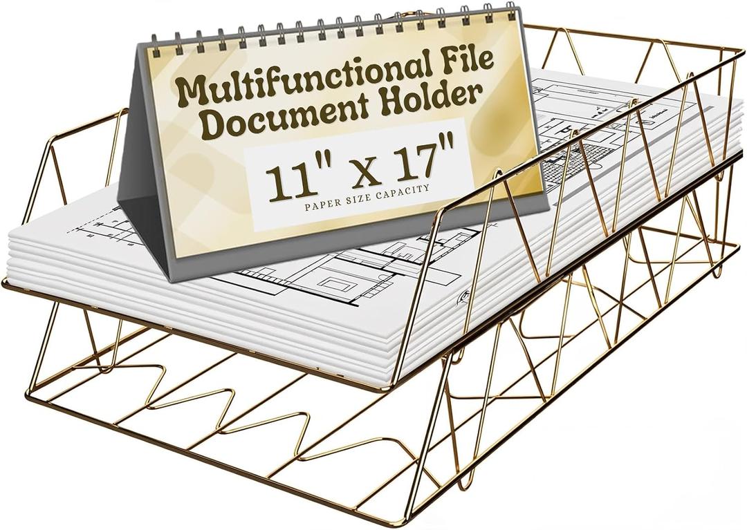 Performore 11x17 Stackable Metal Paper Tray Organizer, 2-Tier Wire Desk Trays for Office & Home, Gold File Holder for Documents, Mail, Folders & Tabloid-Size Paper