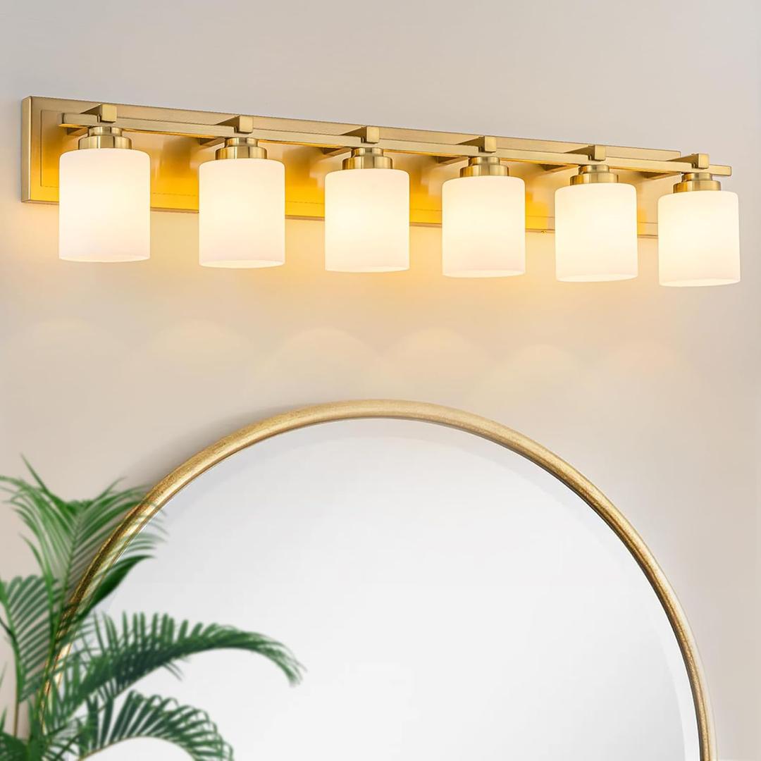 6 Light Modern Bathroom Light Fixtures Over Mirror, Brass Finish Vanity Lights for Bathroom Wall Sconces with Milky White Glass Shades, E26 Socket (Bulbs Not Included)