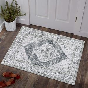 Lahome Boho Washable Rugs for Entryway - 2'x3' Small Non-Slip Kitchen Rug Throw Lightweight Area Rugs for Bedroom Grey Print Oriental Distressed Bathroom Mat Floor Doormat Carpet for Laundry Living Room