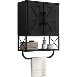 RUSTOWN Farmhouse Rustic Medicine Cabinet with Two Barn Door,Wood Wall Mounted Storage Cabinet with Adjustable Shelf and Towel Bar, 3-Tier Cabinet for Bathroom, Living Room(Black)