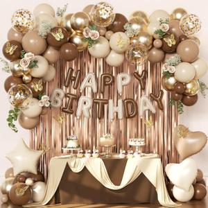 Brown Birthday Decorations, Brown Tan Beige Gold Foil Confetti Balloons Happy Birthday Banner Gold Butterfly Fringe Curtains Birthday Decorations for Women Girls