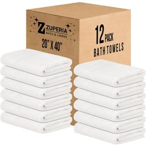 ZUPERIA White Bath Towels Bulk Pack of 12 (20 x 40 Inches), 100% Cotton Economy Light Weight Towels for Commercial Use - Quick Dry, Ultra-Soft, and Absorbent Bulk Towels
