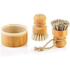 SUBEKYU Bamboo Dish Brush Set with Soap Holder, Wooden Dish Scrubber with Soap Dispenser, Natural Kitchen Scrub Brush, Washing Pot/Pans/Cast Iron, 2 Pack, Sisal + Coconut Palm Bristles