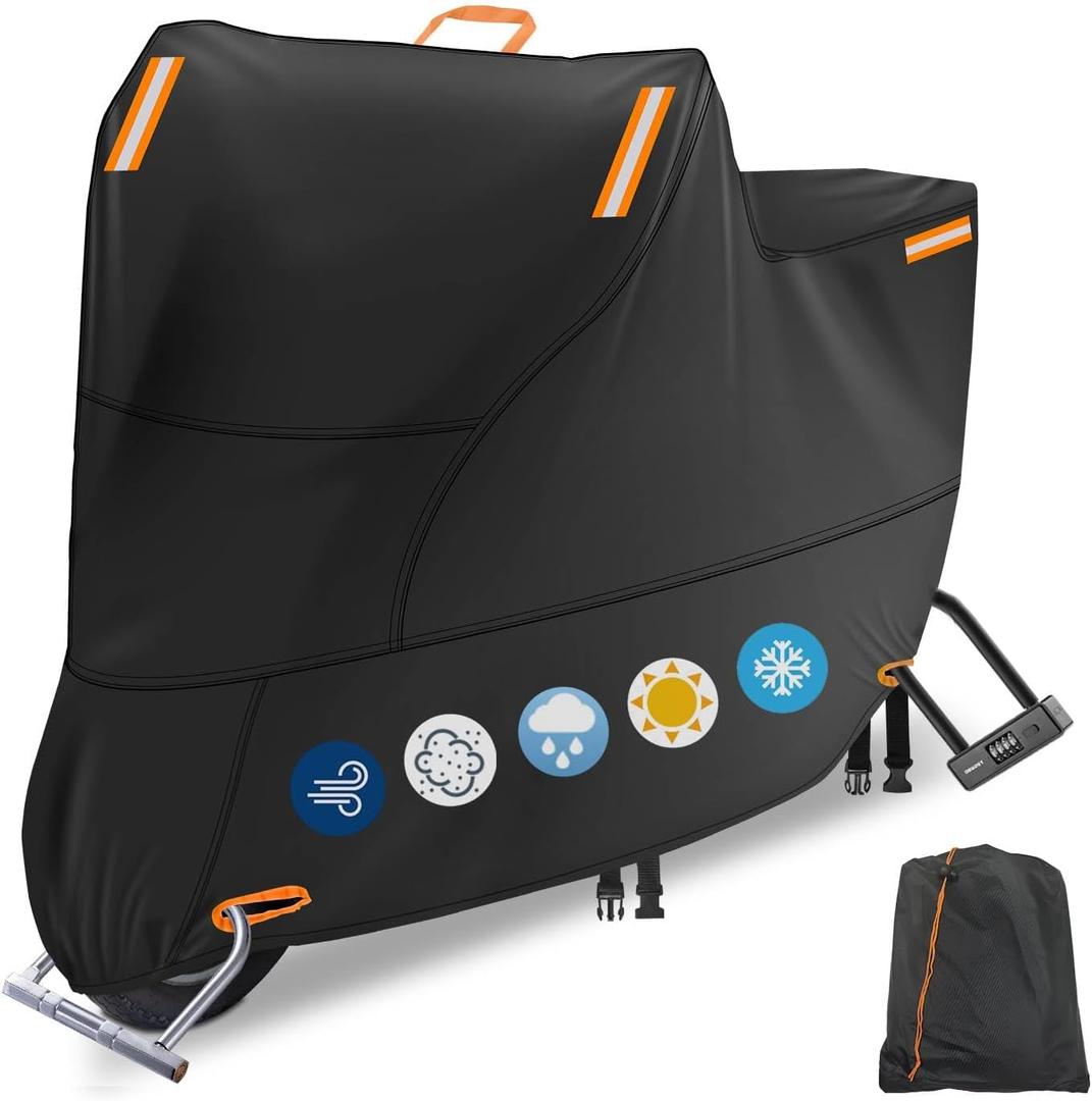 Moped Cover Waterproof Outdoor, Motorbike Scooter Covers for Outside Sun Rain Dust Protection with 4 Reflective Strips and 2 Fixed Buckles, 2 Lock-Holes for Motorcycle Sportbike (M: 79 x 35 x 39 inch) (300D Orange)