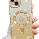 NITITOP Compatible with iPhone 14 Case Cute Clear Glitter [Compatible for MagSafe] Plating Heart Sparkle Bling Magnetic Girl Women Electroplated Frame Camera Protection Back Cover - Gold