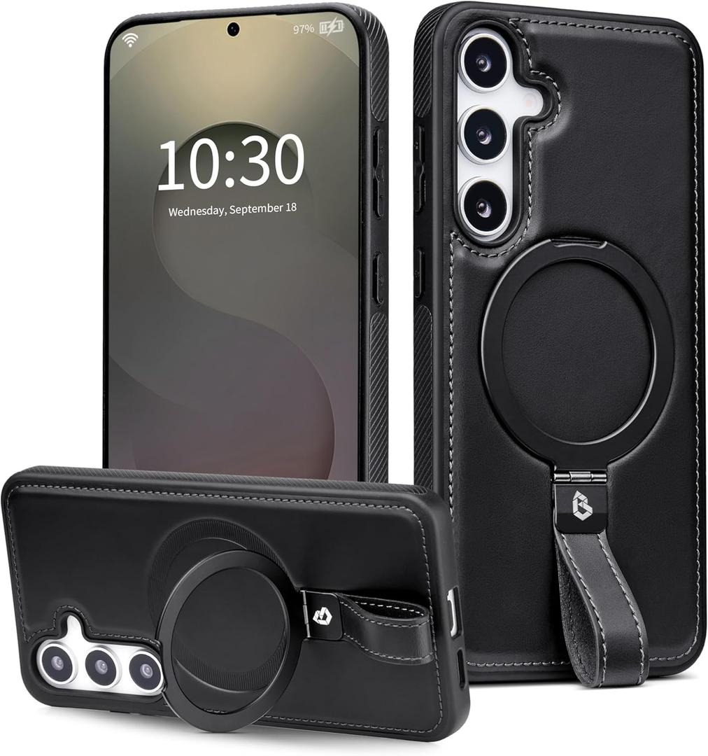 for Samsung Galaxy S23 Case Leather with Stand, Anti-Slip Grip Ring, Fits for MagSafe (Black, S23)