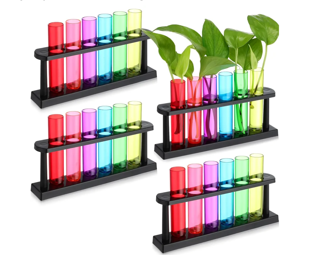 Kingdder 24 Pcs Plastic Test Tubes with Rack for Plant Propagation Station, 1.5 oz Shot Glasses Holder for Science Parties, Pouring and Storing Liquids, Hydroponic Plants Cutting Vase for Office Home