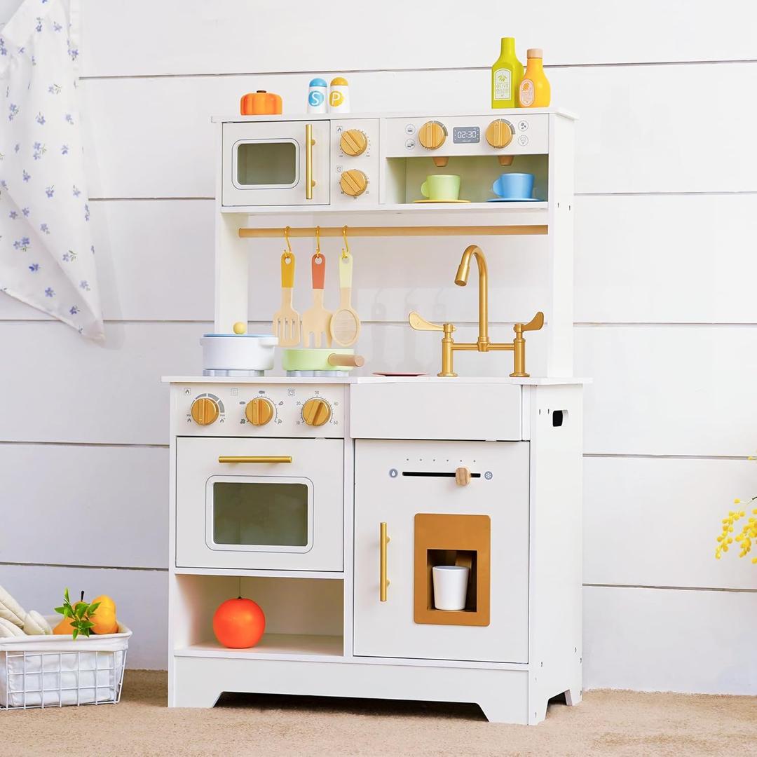 Wooden Play Kitchen for Kids with Ice Maker Small White Pretend Kitchen Set with Sink, Stove, Oven & Microwave, Utensils and Storage, Montessori Role-Play Toy, Gift for Toddlers Ages 3+