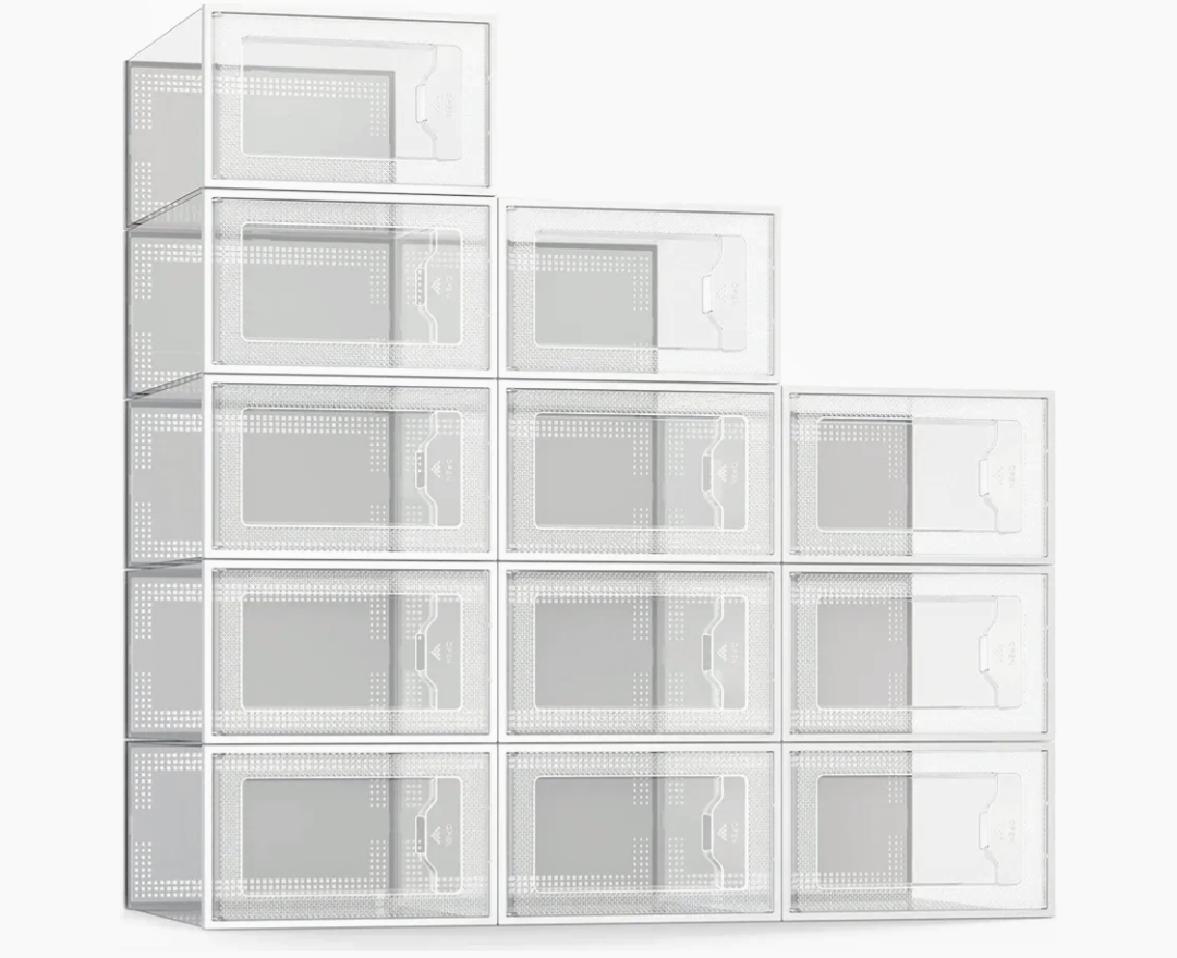 SEE SPRING 12 Pack Shoe Storage Box, Clear Plastic Stackable Shoe Organizer for Closet, Space Saving Foldable Shoe Rack Sneaker Container Bin Holder, White 