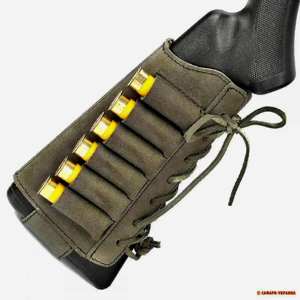 Leather Rifle Buttstock Shotgun Shell Holder, Recoil Pad for .30-30, .308, 12/16Ga Hunting (Olive)