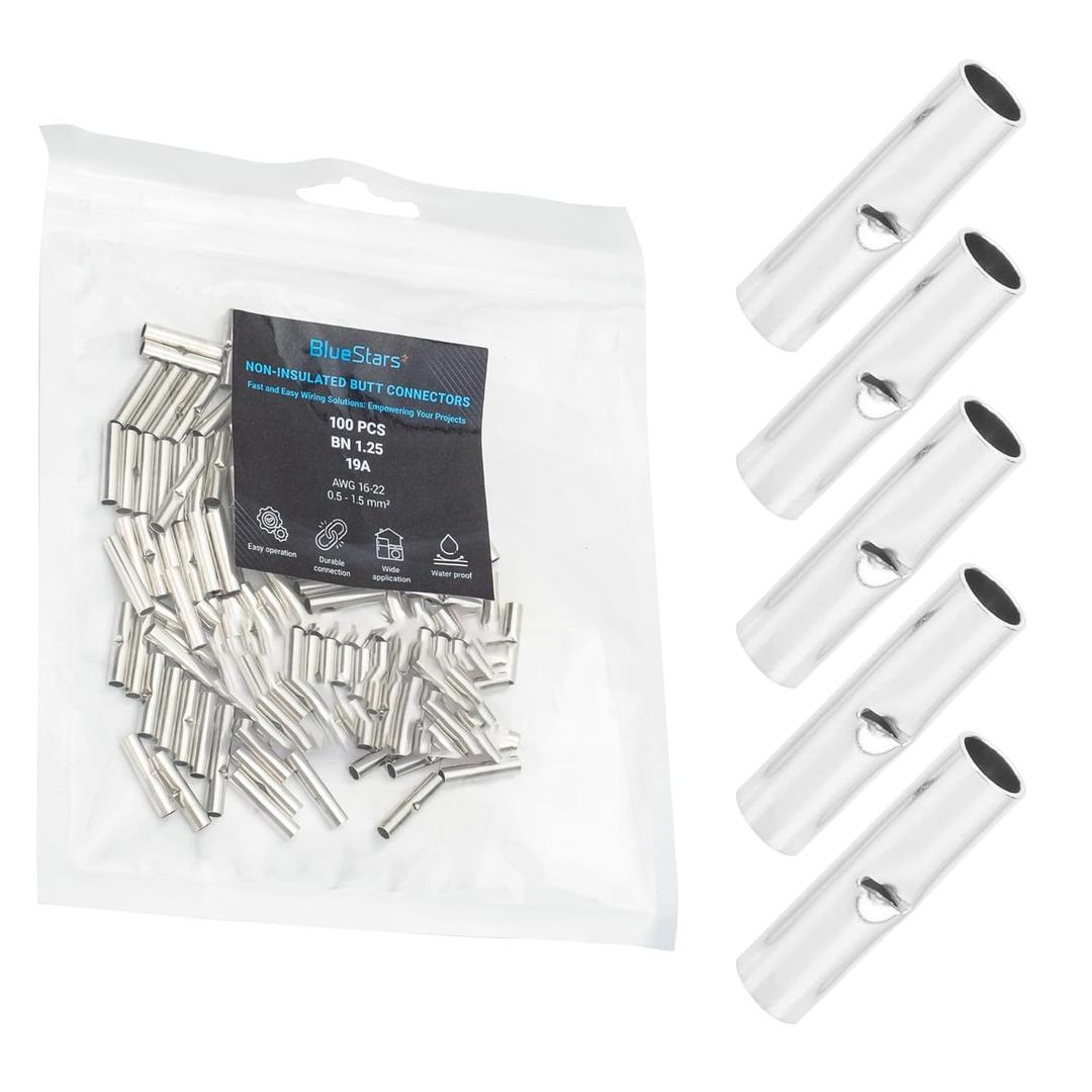 10 x BlueStars 100 PCS 22-16 AWG Non-Insulated Butt Splice Connectors - Marine Crimping Terminals, Uninsulated Wiring Crimps Connector, Bare Pure Copper Crimp Splice Terminal for 22,20,18,16 Gauge Wire