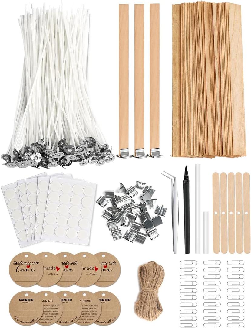 Multiwins 130 Pcs Candle Wicks for Candle Making Kit: 100 Cotton & 30 Wood Wicks with Complete Tool Set (Wick Holders, Wick Stickers, Candle Tabs, Tweezers, Pen), for Soy Beeswax DIY Candles (4 inch)