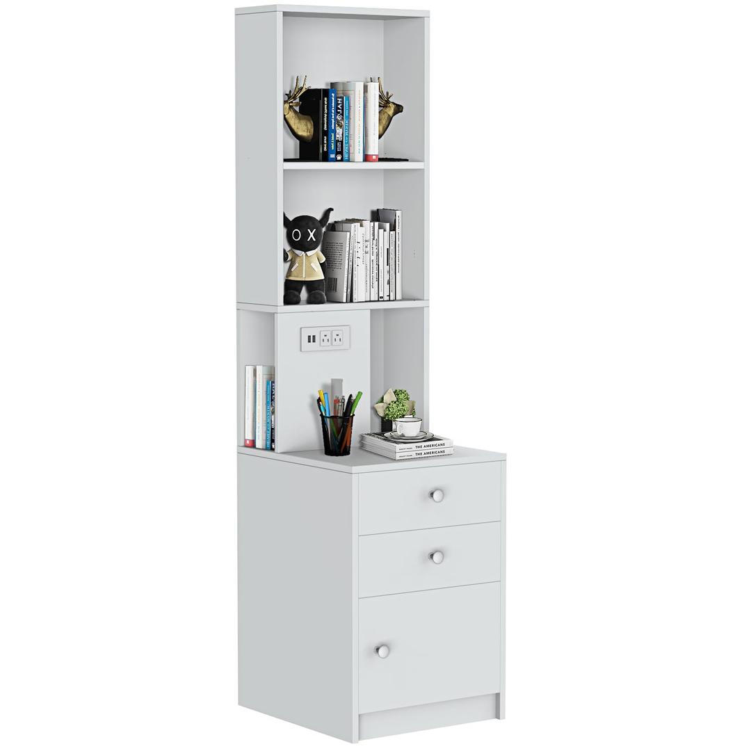 CATMANOR White Nightstand with Charging Station, Bed Side Table/Night Stand with Drawers, Bedside Table with Open Shelf Storage, Tall End Table for Bedroom Living Room WB6