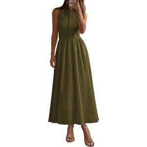 PRETTYGARDEN Maxi Dresses for Women 2026 Summer Casual Sleeveless Patchwork Flowy Vacation Sundress Knit Long Work Tank Dress (Army Green, Small)