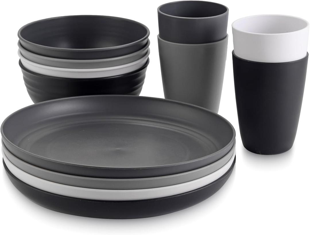 Anbte Plastic Camping Plates and Bowls Set, 12pcs Unbreakable Camping Dinner Set for 4, Reusable, Microwave & Dishwasher Safe Dinner Set, for Kitchen Outdoor Travel Picnic, white gray dark gray black